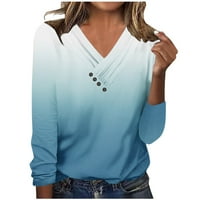 T majice za žene V izrez dugih rukava bluze gradijentni gumb pulover vrhovi običnih fit tees vrhovi