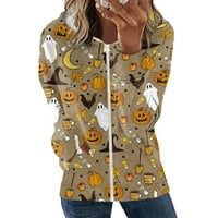 Tking Fashion Ženski povremeni zip Halloween Print Džepne kapute s dugim rukavima Dukseri za žene Khaki M