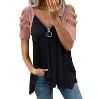 Ženska seksi V-izrez ovratnik zatvarač u boji kratki rukav preklopite ležerne bluze