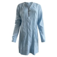 Knqrhpse haljina s dugim rukavima za žene Ženski džemper s dugim rukavima Dress V izrez Mini patentni patentni dres haljine za žene Ženske haljine plave s