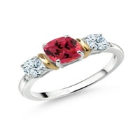 Gem Stone King srebrna i 10k žuto zlato 3-kamen dijamantski prsten sa maštom ružičastim cirkonijom