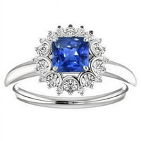Halo Blue Radiant Cut 2. CT Pola okvira Diamonds Sapphire prsten, veličina 6.5