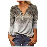 Plus size Ženski bluze Aztec Ljetni casual dugih rukava Labavi fit geometrijski Western Henley T majice