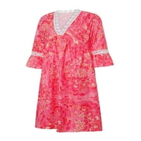 Blotona Women Ljeto plus veličina labava V izrez Dress Bohemian Long rukava TRIM Flowy Beach mini haljina