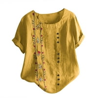 Moonker Womens Majice za žene tiskano pamučno posteljina labava majica Top lavande cvijeće žuto