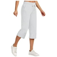Ženske pamučne posteljine kaprisu hlače elastične struine labave hlače za noge sa džepovima bijela s