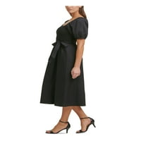 Žene crne umanjene kravata Pouf rukavac s kratkim vratima Midi haljina za rad haljinu 12