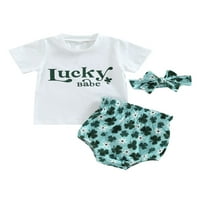 TODDLER Baby Girl Summer Set odjeće, kratki rukav Okrugli vrat pisma za ispis majica + Shamrock uzorak