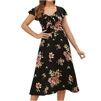 Ženske ljetne haljine V-izrez Retro cvjetni print Bowknot prednji gumb casual kratki rukav Swing Line