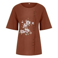 Ženski vrhovi kratkih rukava cvjetna bluza Labavi ženski košulje okrugli izrez ljetni smeđi 5xl