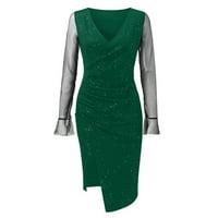 Ženska strana proreza V-izrez Bodycon haljina pogledajte kroz mrežu čista dugih rukava s dugim rukavima
