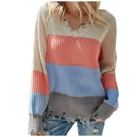 Ženska modna V-izrez Looja boja Kontrast Komforni dugi rukavi džemper vrši ženski klirens za tužbu