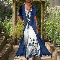 Loyisvidion Women Plus Veličina haljina Ženska modna casual šifon kratki rukav labav dvodijelni haljini s remenicama mornarice 8