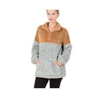 Zenana outfitters Fau krzno zip-up jakna sa džepovima kenguru sivo smeđe opušteno fit melange fau pulover
