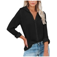 Ženska modna casual kopča dugih rukava ruka rukav košulju na vrhu pune boje crni xxxl