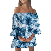 Tking modni ženski ljetni povremeni print tanki s ramena haljina ruffle rukava haljina plaža plava 2xl
