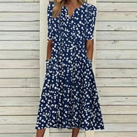 Edvintorg Midi haljine za žene čišćenje modnih žena Ljeto tisak kauzal V-izrez gumb s kratkim rukavima