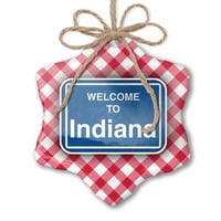 Božićni ornament znak Dobrodošli u Indiana Red Plaid Neonblond