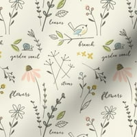 Tkanina od kašike - vrtni puž cvjetni botanički listovi tiskani na organskom pamučnom pletu tkaninu