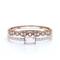 Prekrasan minimalistički rub smaragdnim rezom dijamantskih moissanite zaručnički prsten, vjenčani prsten, jedan odgovarajući pojas u srebrnoj sa 18k ružičastog zlata, poklon za nju, obećanje, obdarni prsten