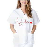 Buigttklop majice za žene, žene kratki rukav V-izrez V-izrez sestrinske radne uniforme T-majice Bijeli