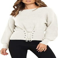 Ženski jeseni zimski džemperi balona rukava na vratima za vrat u obliku pojasnog košulja slatka mekani pleteni pulover