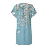 Tkinga modna ženska ljetna casual boho ispisana labava majica haljina kratkih rukava O-izrez Mini haljine svijetlo plava xl