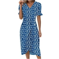 Kakina S sunčane haljine za žensko čišćenje, žene Ljeto V-izrez ruffeles ispis gumba s kratkim rukavima nepravilna haljina plava, l