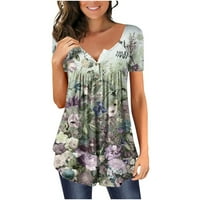 Hanas vrhovi ženske ljetne majice za slobodno vrijeme, kratki rukav Henley okrugli izrez Tunika, cvijeće