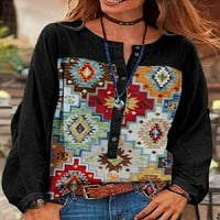 Ženska vintage geometrijska gumba za ispis Majica Western Ethnic Boho SPLICING majice s dugim rukavima