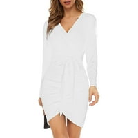 Lroplie White haljina Žene Solid Color Wrap V izrez Dugih rukava Velvet torba Ruched party Ženske haljine