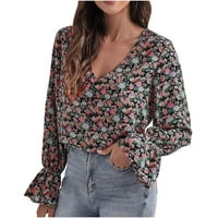 Ženska modna casual cvjetni print V- izrez dugih rukava labava majica Bluza Comfort Color Trendy Cosy Plus Veličine Pulovers Dukseri