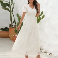 Ženske oblače srednje dužine kratkih rukava casual a-line solid ljeta V-izrez haljina bijela xl
