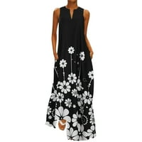 Miayilima Ljetne haljine za žene Ljetni casual bez rukava cvjetni print V-izrez Maxi Labava haljina