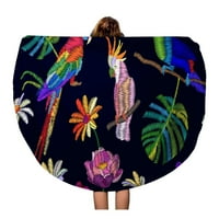 Okrugli ručnik za plažu pokrivač tropski ljetni noćni uzorak Parrots Toucan Cvijeće i palmi za putovanja