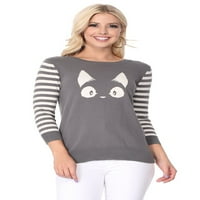 Ženska kitty mačka lica sa rukavima Crewneck casual pulover džemper MK3375-Grey-m