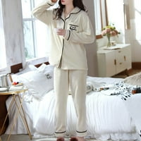 Puntoco Women Clearence Dame Flannel Solid Džep za ispis Dugi rukav + Long Hlače Pajama odijelo Bijelo