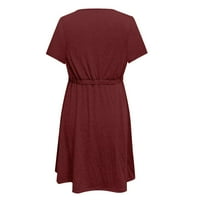 Ženske oblače čvrste kratke a-line kratkih rukava Ležerne prilike ljetna V-izrez Crvena XL