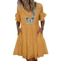 Haljine za žensko čišćenje kratkih rukava V-izrez Dress Džepni uzorak plus veličina haljine za žene Kućni čaj Duljina haljina, žuta, s