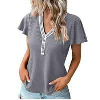 Ženske košulje Dame V-izrez Čipka za šivanje gornje majice s kratkim rukavima Labavi puni boje sivi