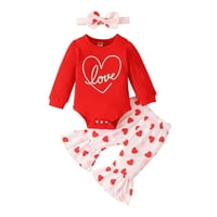 Dječja djevojka odjeća za Valentinovo, slovo s dugim rukavima Romper BodySuits Hearts Ispisano zvono na dnu hlače Trake za djecu odijelo