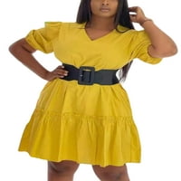 LUMENTO WOODE Sundress Solid Boja kratke mini haljine V izrez visoki struk pluta žuta 2xl