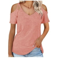 Ženski ljetni čvrsti kratki rukav hladnim ramenom V-izrez casual čipkajte majicu ružičasta L l