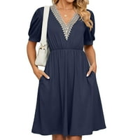 Ženska ljetna haljina s kratkim rukavima V izrez elastična struka Swing haljine s džepovima
