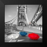 Frank, Assaf crni moderni uokvireni muzej umjetnički print pod nazivom - šareni kišobrani na Tower Bridgeu,