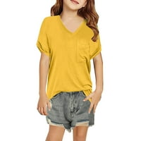 Entyinea devojke majica kratki rukav V-izrez Čvrsta boja majica TEE Yellow XL