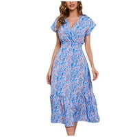 Haljina za žene, ženska modna casual cvjetna otiskala V-izrez haljina Slim šifon a-line suknja plava