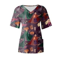 Sksloeg opruga ispisano piling za žene bundeve mačje šišmir Print V-izrez Radna odjeća sa džepovima Košulje Radna uniforma, vino XL