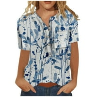 Plus veličine T majice za žene V izrez kratki rukav slobodno tunik Henley Fit Print modne bluze plave