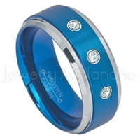 2-ton plavi ip volfram prsten - 0,21ctw aquamarine 3-kameni bend - personalizirani vjenčani prsten -
